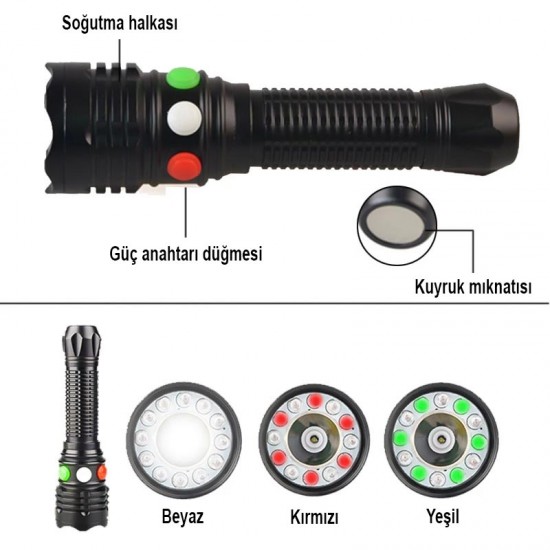 ŞARJ EDİLEBİLİR 3 WATT 3 RENKLİ LEDLİ EL FENERİ (81)