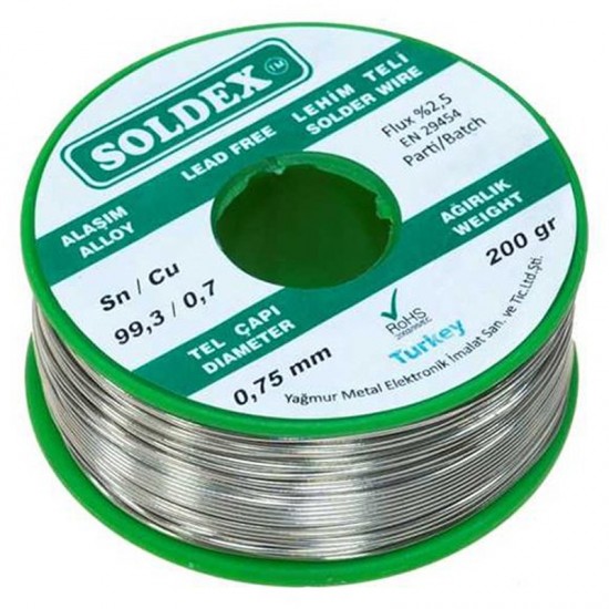 KURŞUNSUZ SOLDEX 200 GR 0.75 MM KURŞUNSUZ LEHİM TELİ SN 99.3 / CU 0.7 (81)