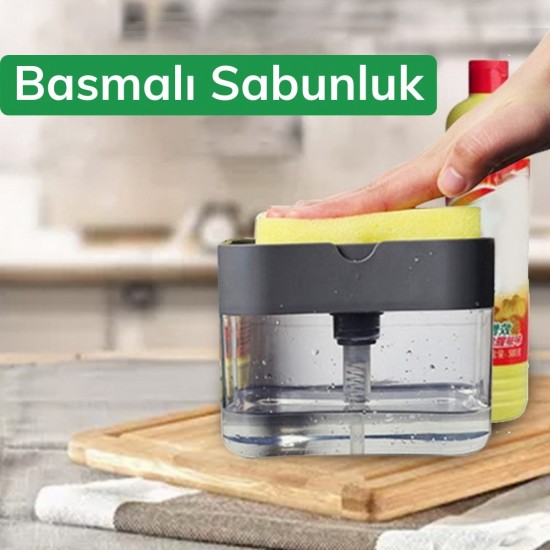 İkisi Bir Arada Basmalı Pratik Sıvı Sabunluk Pompası ve Bulaşık Yıkama Süngeri Haznesi