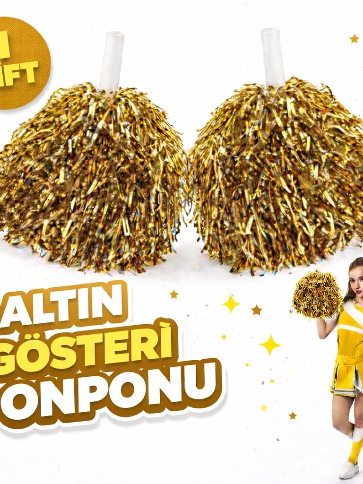 1 Çift ( 2 Adet ) Altın Renk 23 Nisan 19 Mayıs 29 Ekim Okul Gösteri Ponponları