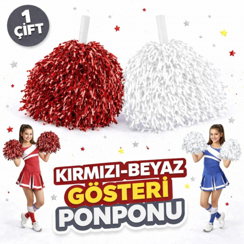 1 Çift ( 2 Adet ) Kırmızı-beyaz Renk 23 Nisan 19 Mayıs 29 Ekim Okul Gösteri Ponponları Ekstra Dolgun