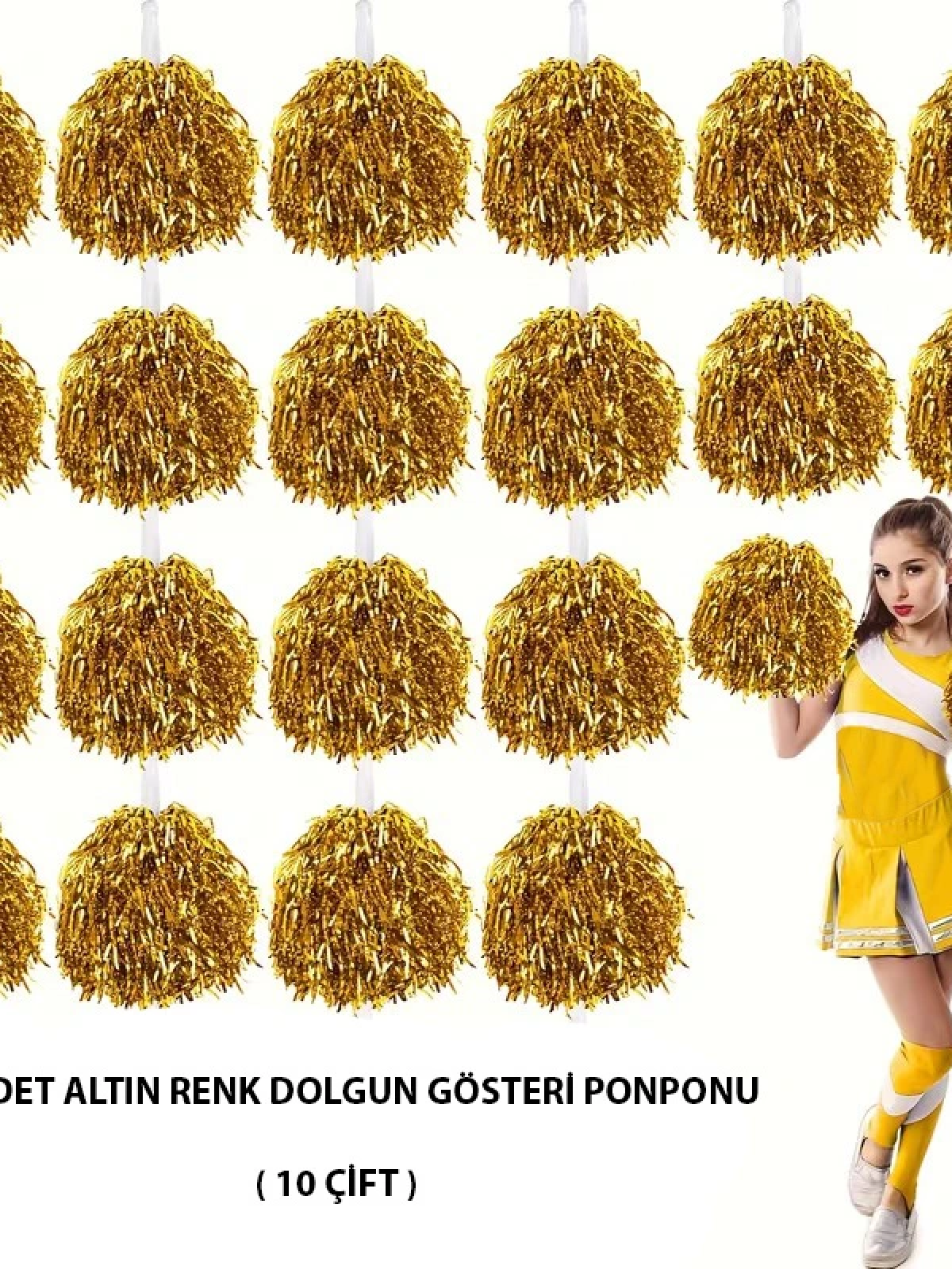 10 Çift ( 20 Adet ) Altın Renk 23 Nisan 19 Mayıs 29 Ekim Okul Gösteri Ponponları