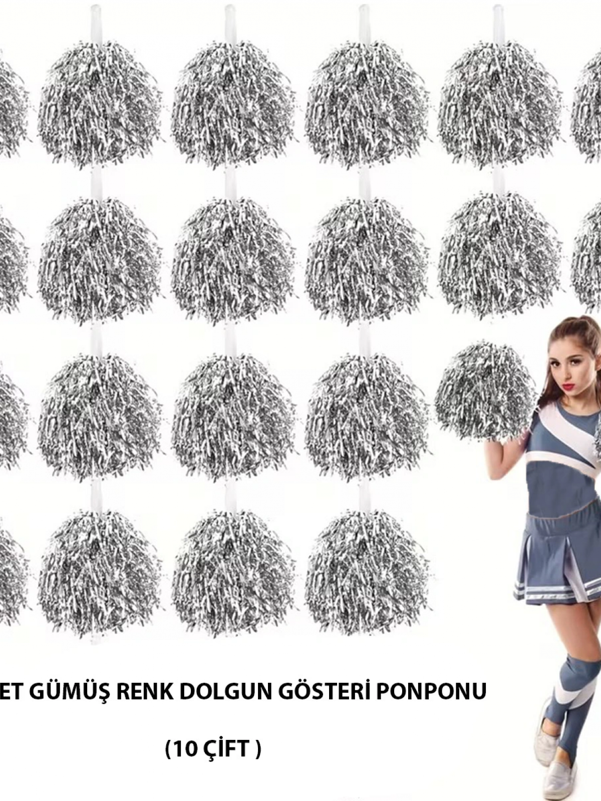 10 Çift ( 20 Adet ) Gümüş Renk 23 Nisan 19 Mayıs 29 Ekim Okul Gösteri Ponponları