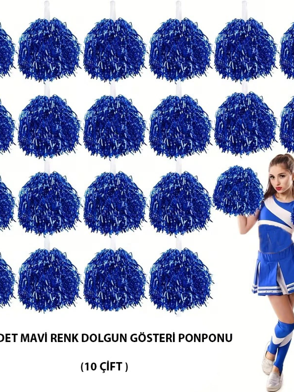 10 Çift ( 20 Adet ) Mavi Renk 23 Nisan 19 Mayıs 29 Ekim Okul Gösteri Ponponları