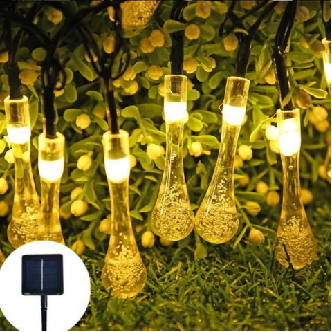 10 Led 2 Metre Sarı Kristal Su Damlası Güneş Enerjili Led Işık Solar Bahçe Ağaç Lamba Aydınlatması
