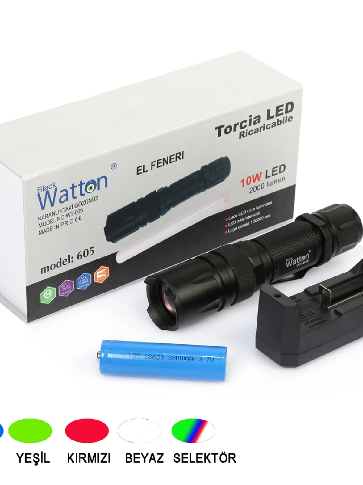 10w 2000 Lümen 4 Renk Güçlü El Feneri  Wt-605