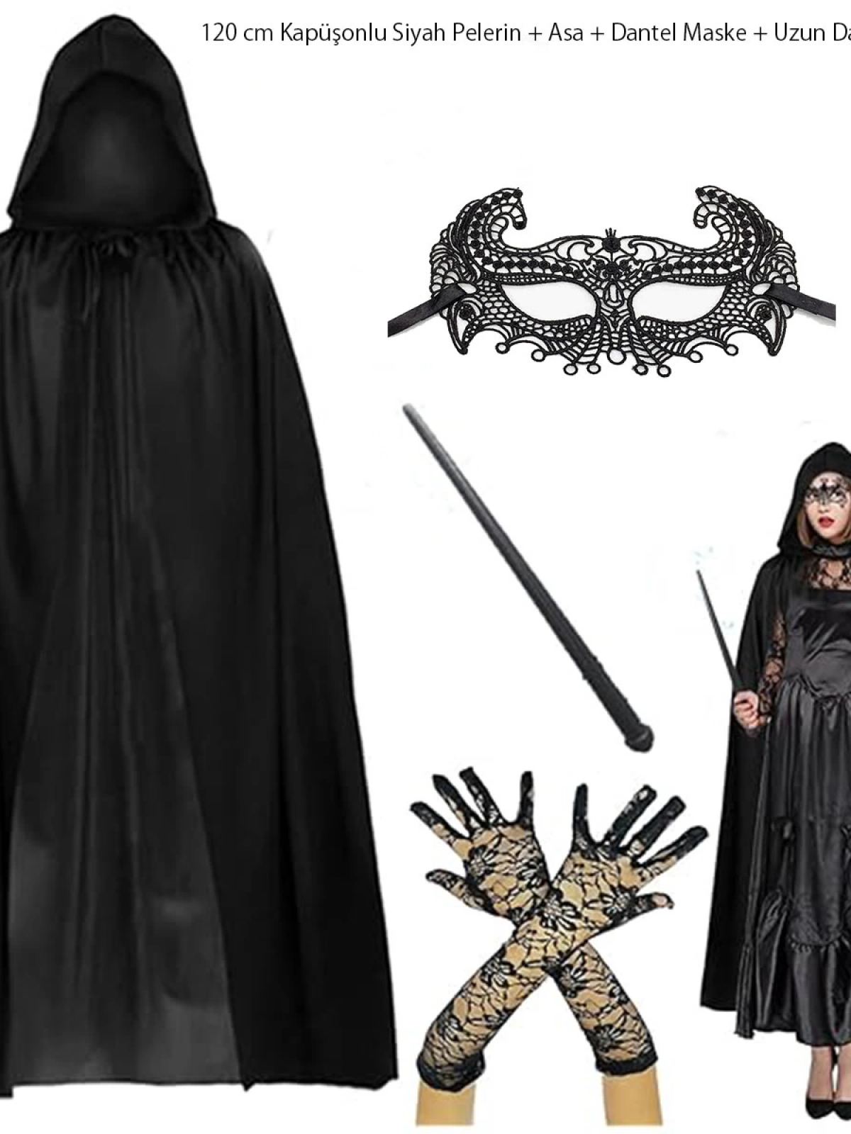 120 Cm Kapüşonlu Siyah Pelerin + Asa + Dantel Maske + Uzun Dantel Siyah Eldiven Kostüm Seti