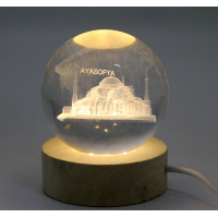 3d Kristal Cam Küre Ahşap Soketli İstanbul Temalı Led Lamba Alk2573