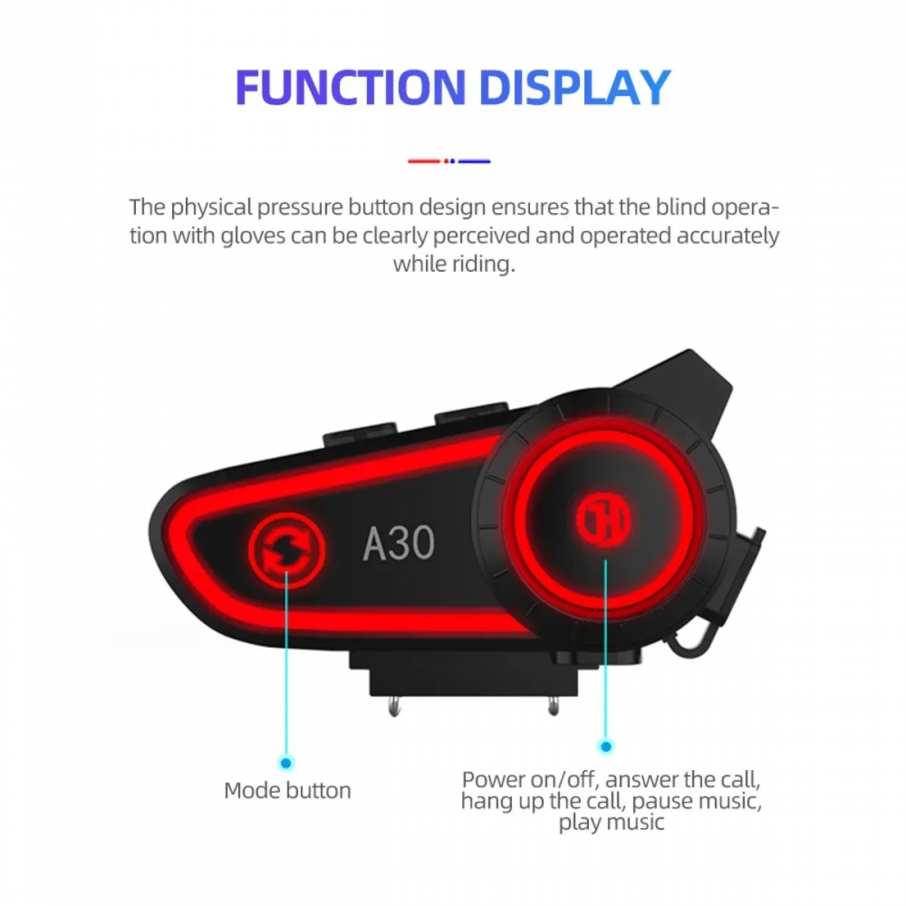 A30 Motosiklet Kask Kulaklık Intercom Işıklı 2 Eşleşme Özellikli