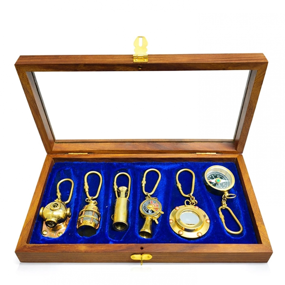 Ahşap Kutulu Denizci Temalı Pirinç Anahtarlık Seti Key-0285
