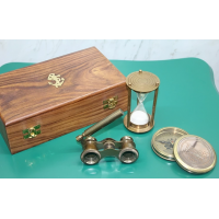 Ahşap Kutulu Pirinç Pusula,kumsaati,dürbün Seti 15682