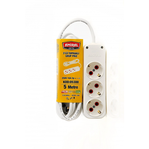 Amiral 3' Lü Topraklı 5 Metre Kablolu Grup Priz