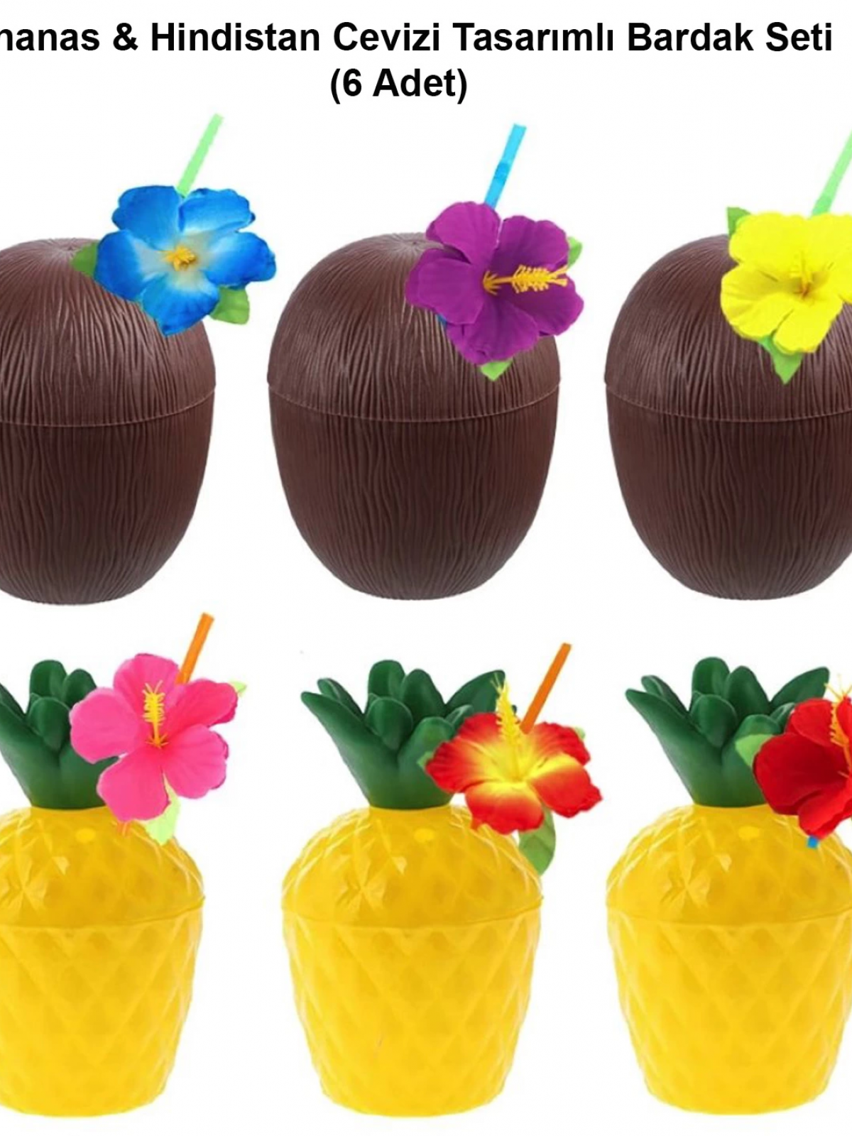 Ananas  Hindistan Cevizi Tasarımlı Pipetli Bardak Seti (6 Adet)