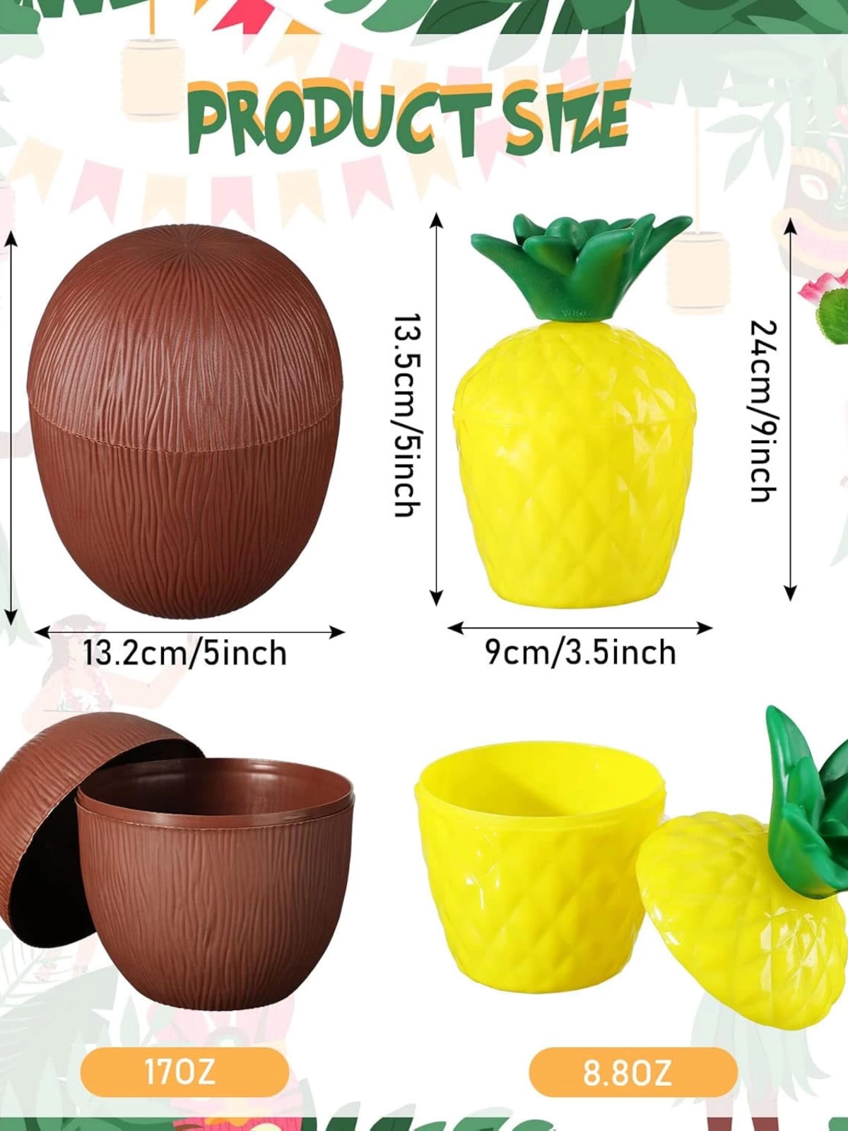 Ananas  Hindistan Cevizi Tasarımlı Pipetli Bardak Seti (6 Adet)