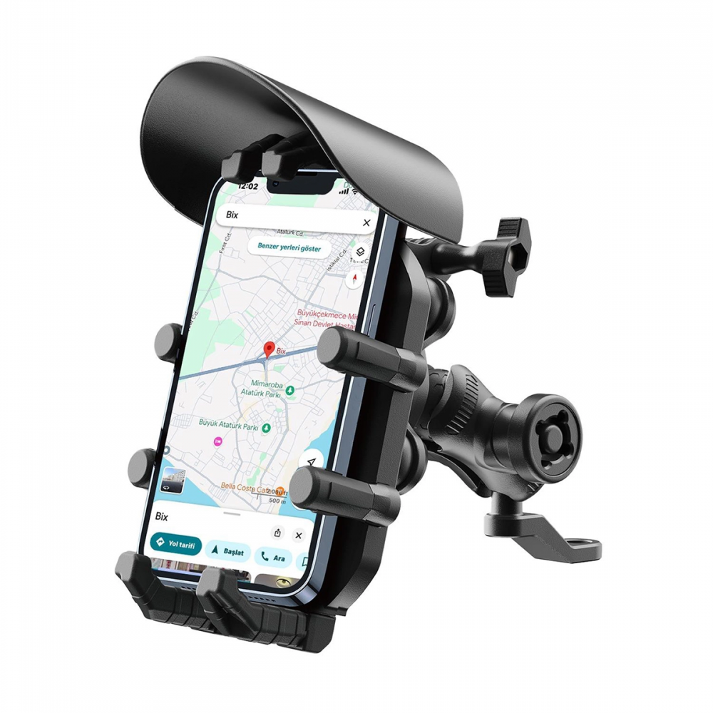 Ayna Bağlantılı Güneş Ve Yağmur Korumalı 360° Derece Ayarlanabilir Motosiklet Telefon Tutucu