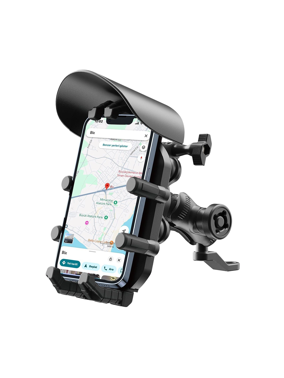 Ayna Bağlantılı Güneş Ve Yağmur Korumalı 360° Derece Ayarlanabilir Motosiklet Telefon Tutucu