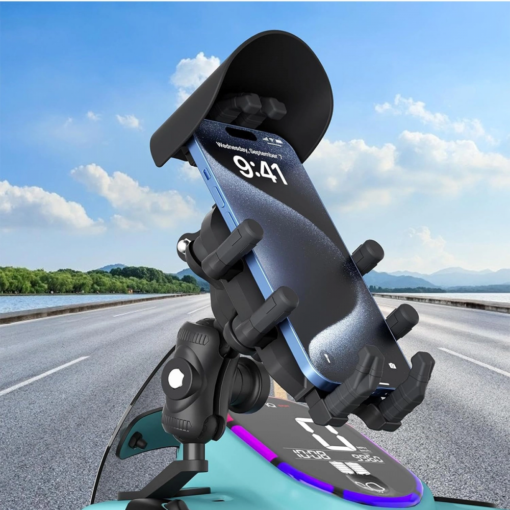 Ayna Bağlantılı Güneş Ve Yağmur Korumalı 360° Derece Ayarlanabilir Motosiklet Telefon Tutucu