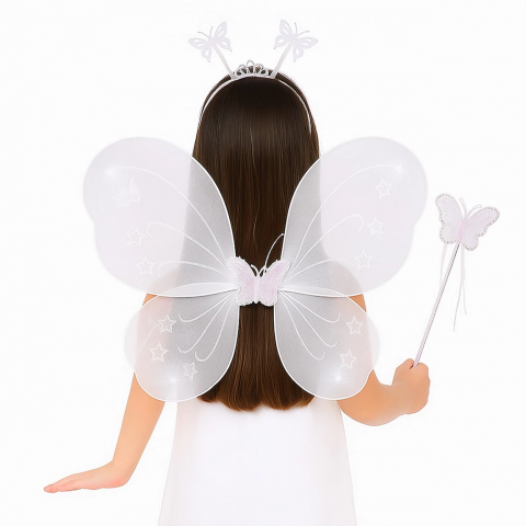 Beyaz Kelebek Kız Seti – 50 Cm Kelebek Kanadı, Taç Ve Asa