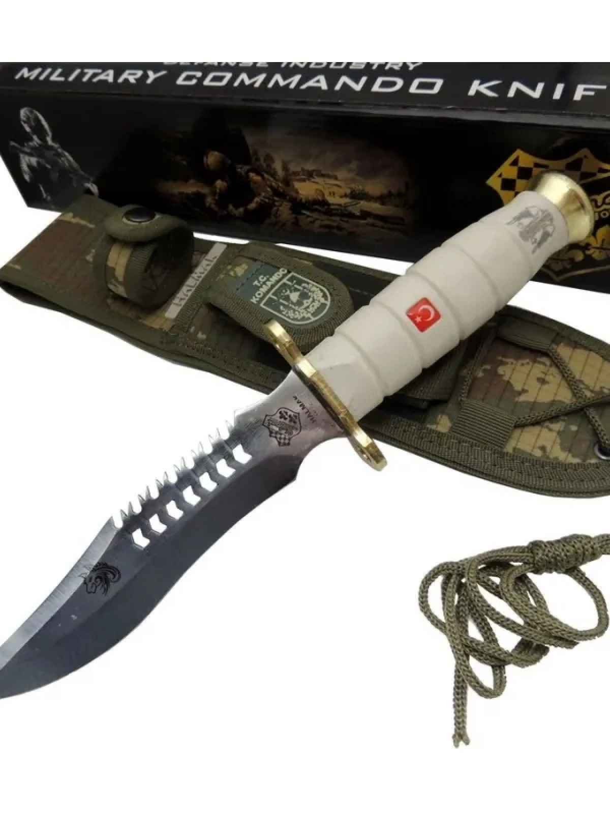 Beyaz Kurt Tırtıklı Oluklu Komando Bıçağı 30 Cm - Kamuflaj Kılıflı