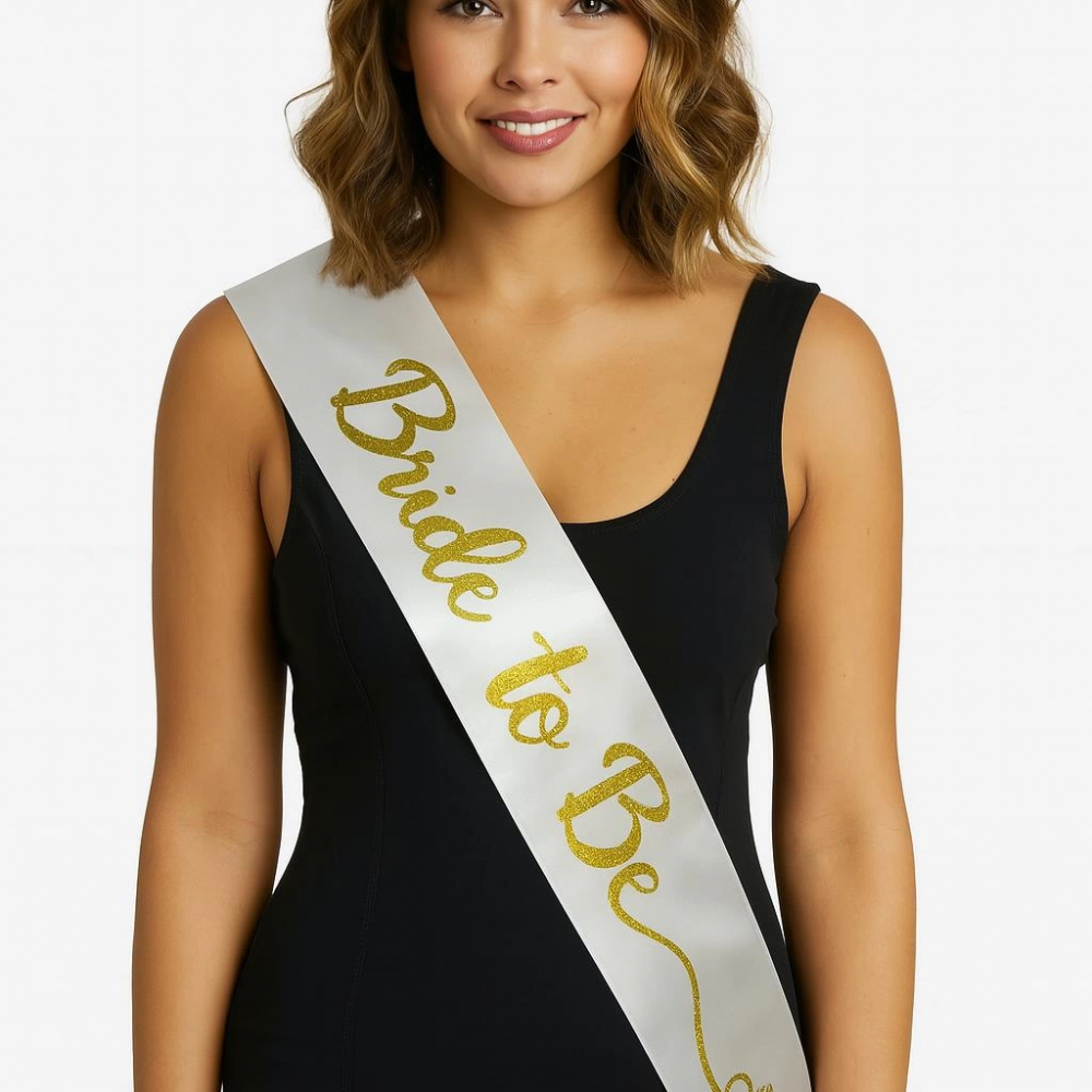 Beyaz Saten Üzerine El Yazısı İtalik Altın Bride To Be Kuşağı 10 Cm Genişlik