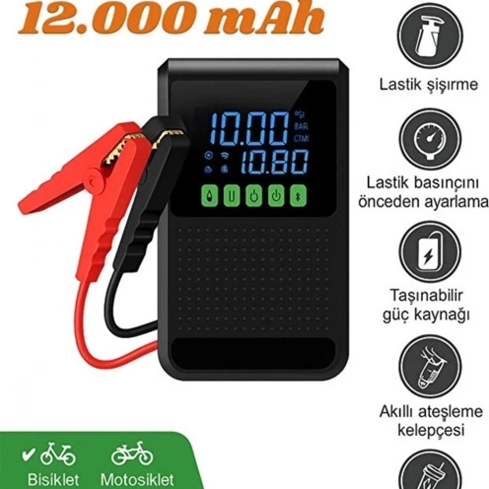 C228 Şarjlı 12.000 Mah Taşınabilir Çantalı Araç Akü Şarj Takviyeli Işıklı Hava Kompresörü