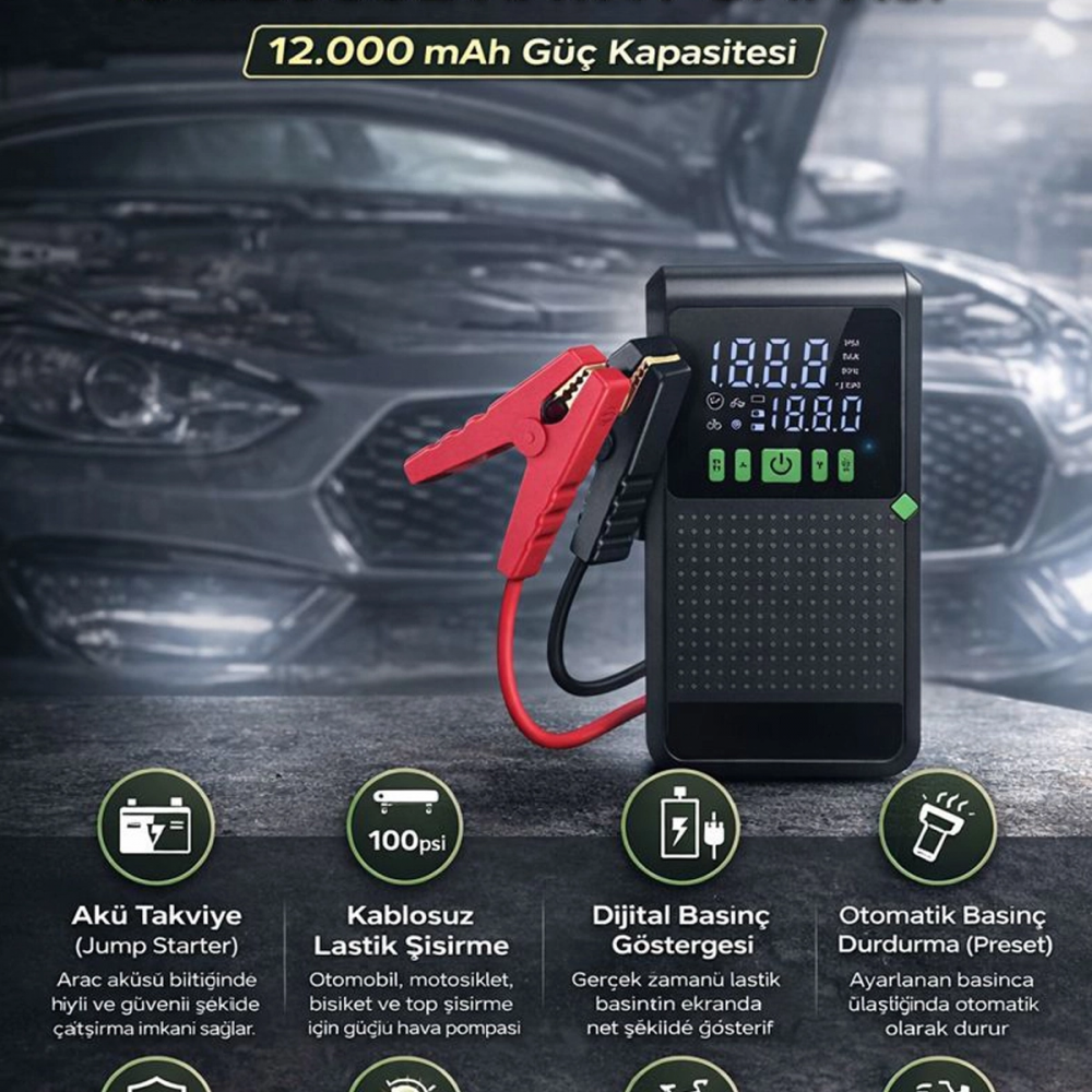 C228 Şarjlı 12.000 Mah Taşınabilir Çantalı Araç Akü Şarj Takviyeli Işıklı Hava Kompresörü