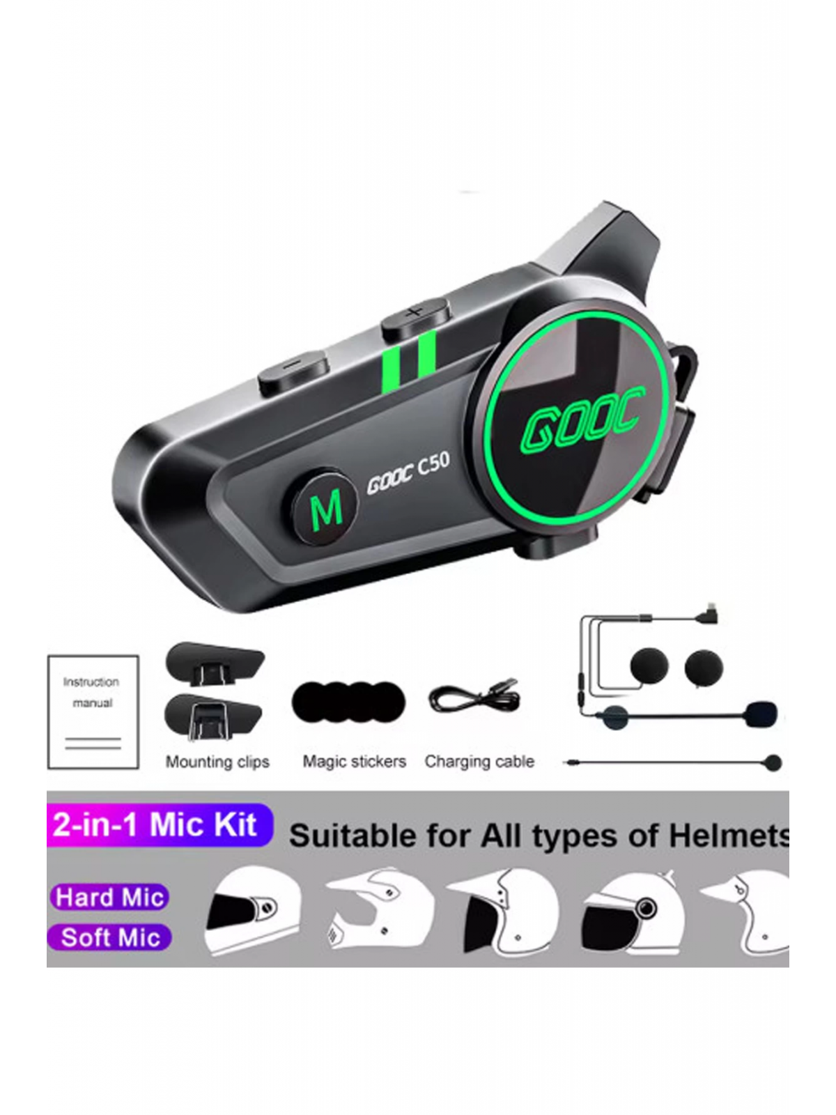 C50 2x Motosiklet Intercom Kask Kulaklık 1000 Mah Rgb Işıklı Çift Eşleşme