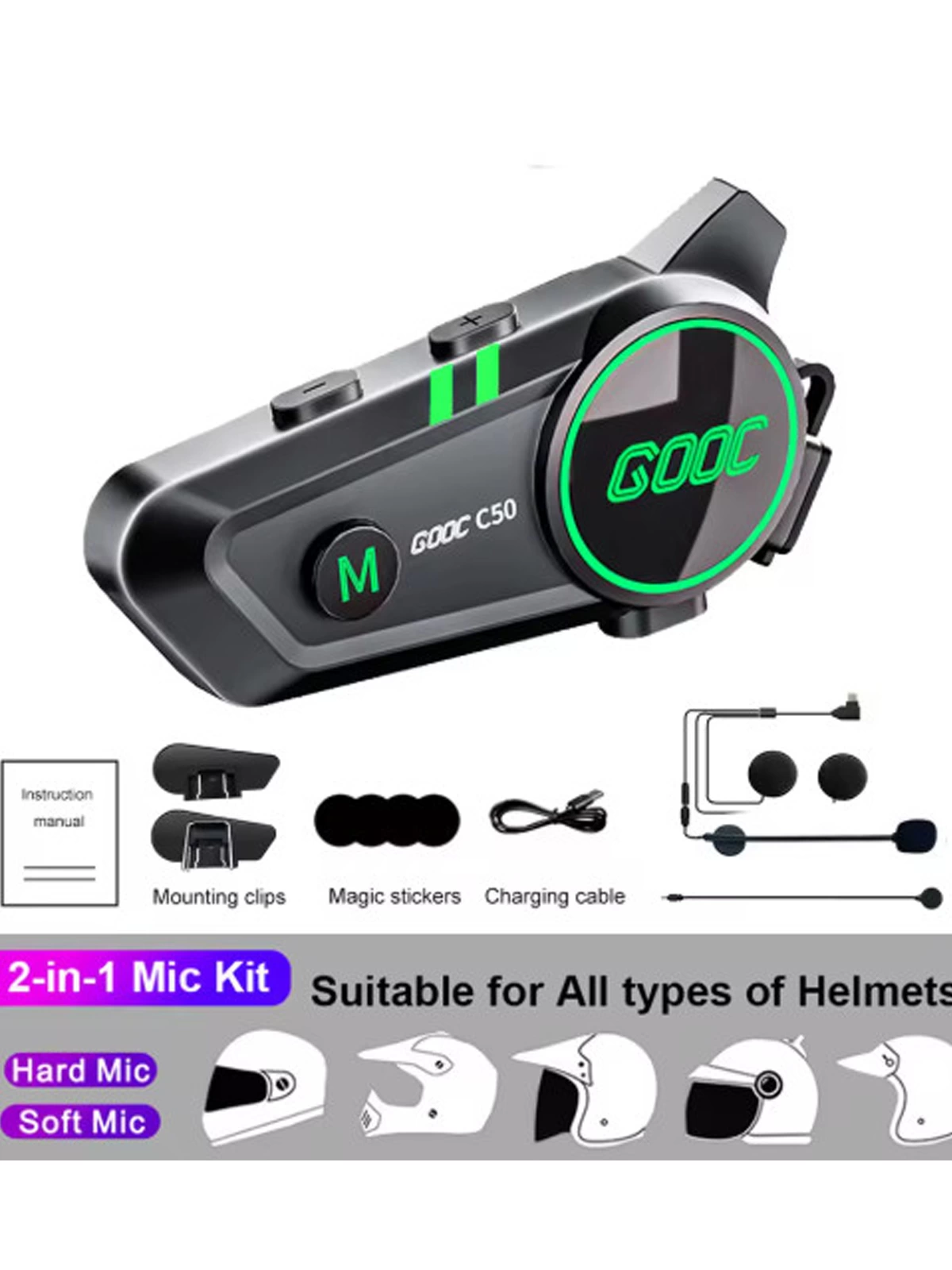 C50 2x Motosiklet Intercom Kask Kulaklık 1000 Mah Rgb Işıklı Çift Eşleşme