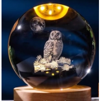 Dekoratif Baykuş Tasarımlı Ahşap Altlıklı Işıklı Cam Küre Büyük Boy 8cm