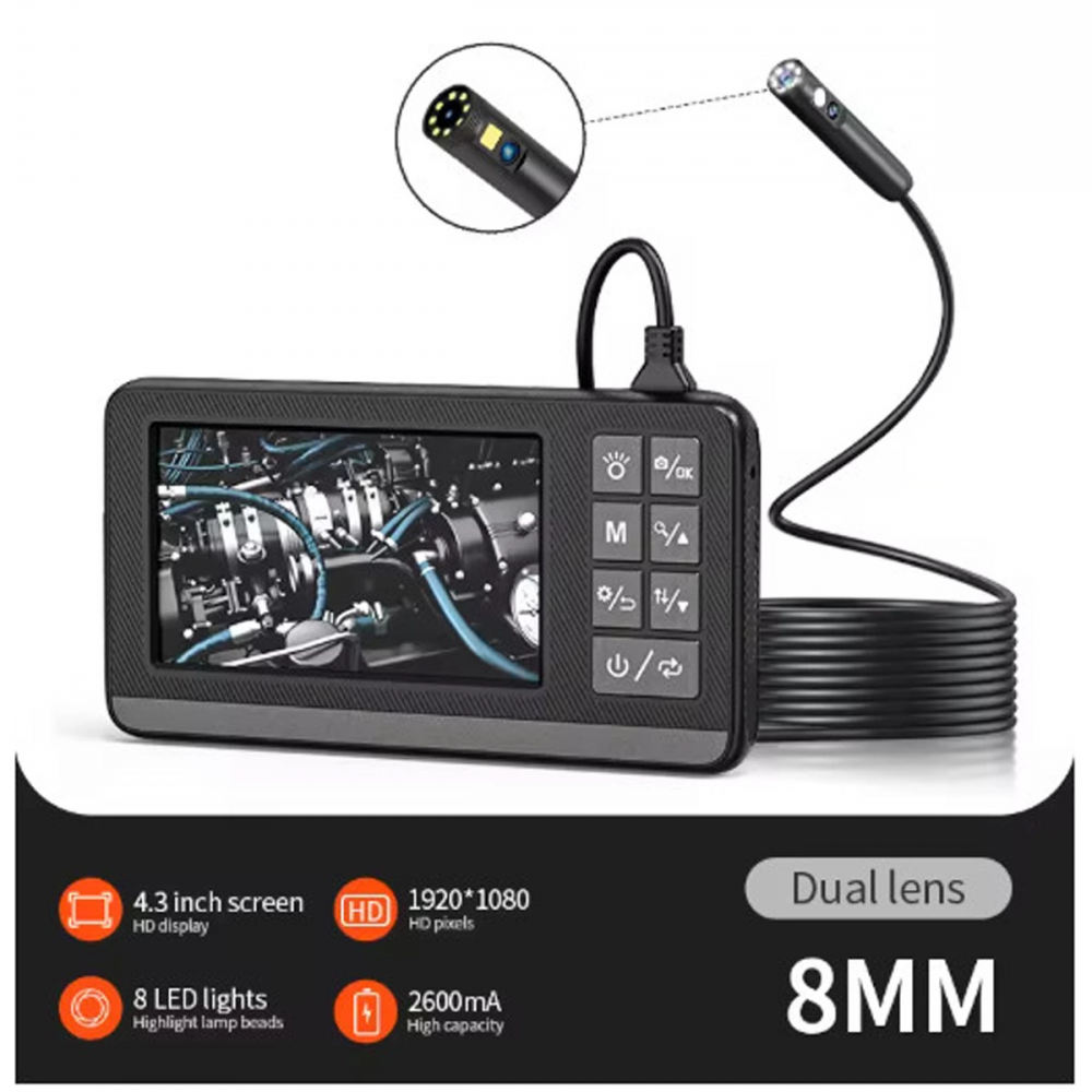 Ekranlı Çift Kameralı 5 Mt Sert Kablo Endoskop Kamera 8 Mm 4.3 Inc Hafıza Kart Destekli