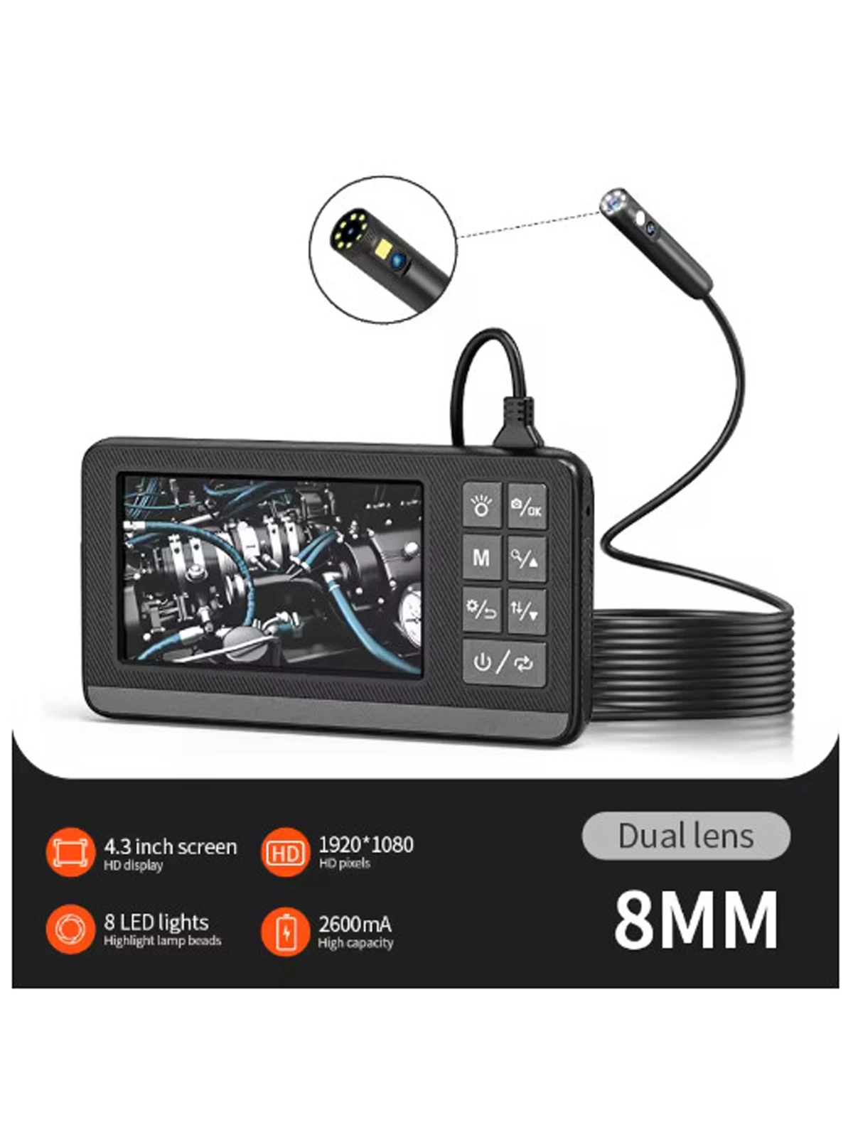 Ekranlı Çift Kameralı 5 Mt Sert Kablo Endoskop Kamera 8 Mm 4.3 Inc Hafıza Kart Destekli