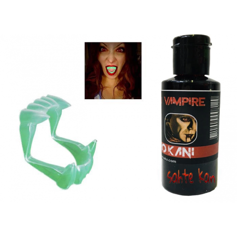 Fosforlu Çift Damak Takma Vampir Dişi Ve 50 Gr Tiyatro Kanı