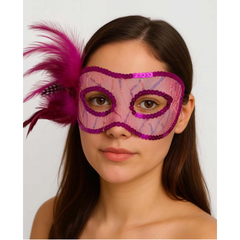 Fuşya Renk Yandan Tüylü Pul Payet İşlemeli Parti Maskesi 23x12 Cm