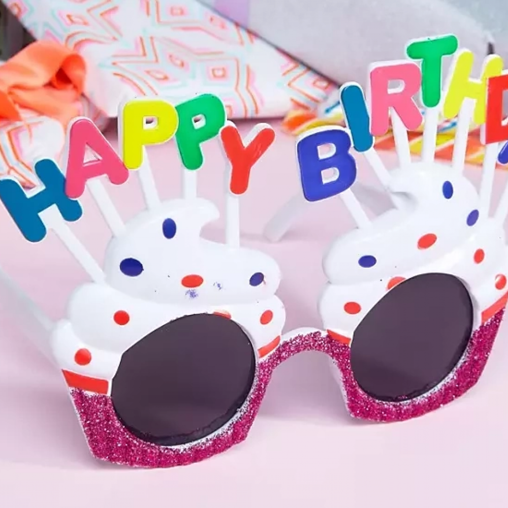 Happy Birthday Yazılı Beyaz Fuşya Renk Parti Gözlüğü 12x7 Cm