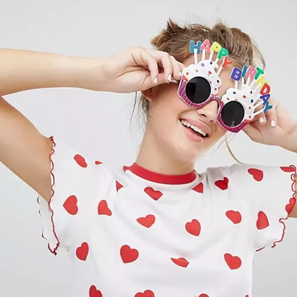 Happy Birthday Yazılı Beyaz Fuşya Renk Parti Gözlüğü 12x7 Cm