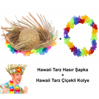 Hawaii Tarzı Tropikal Çiçekli Hasır Şapka Ve Çiçekli Hawaii Kolye