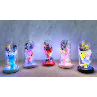 Işıklı Müzikli Cam Fanus İçinde Lavantalı Romantik Gül  Alk5001