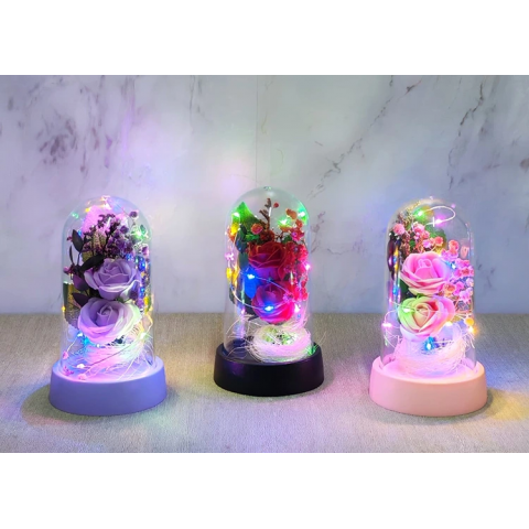 Işıklı Müzikli Romantik Fanus Tekli Gül Alk5007