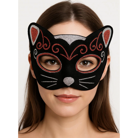 Kadife Dokulu Sim Detaylı Işıltılı Kedi Maskesi Kırmızı Gümüş 20x13 Cm