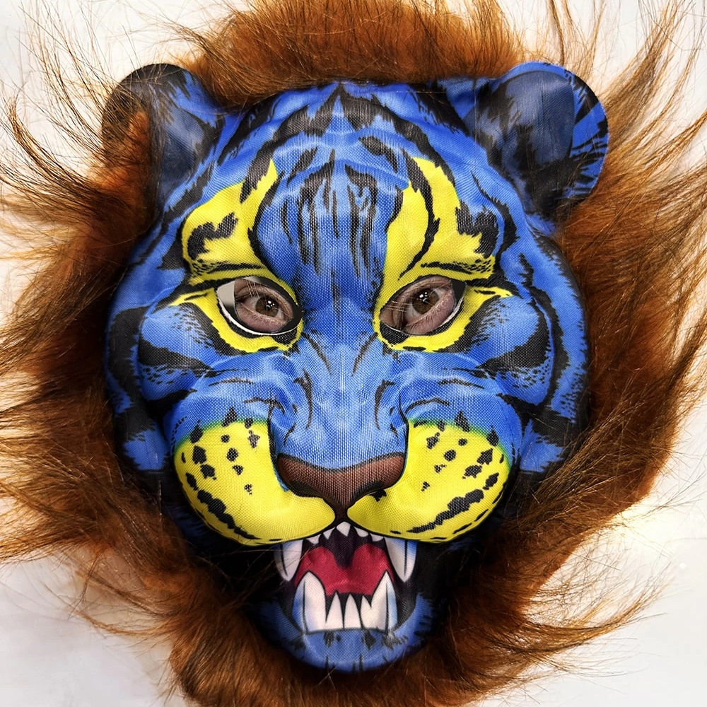 Kahverengi Yeleli Saçlı Mavi Yüzlü Kurt Kaplan Maskesi Mega Peluş 38 No