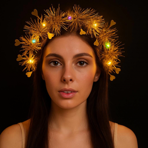 Kalp Püsküllü Gece Parıltısı 3 Modlu Led39li Işıklı Taç Altın Renk