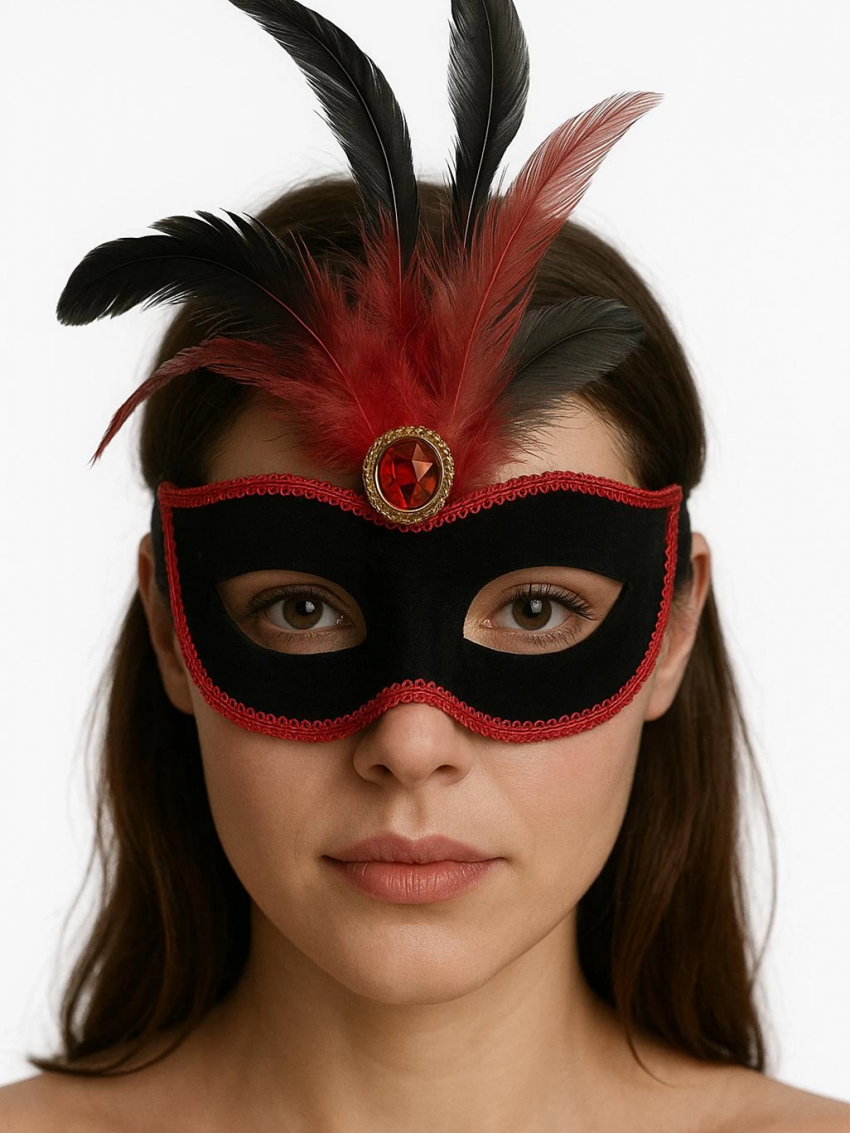 Kırmızı Dantelli Siyah Kırmızı Tüylü Siyah Süet Kaplama Parti Maskesi 17x25 Cm