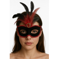 Kırmızı Dantelli Siyah Kırmızı Tüylü Siyah Süet Kaplama Parti Maskesi 17x25 Cm