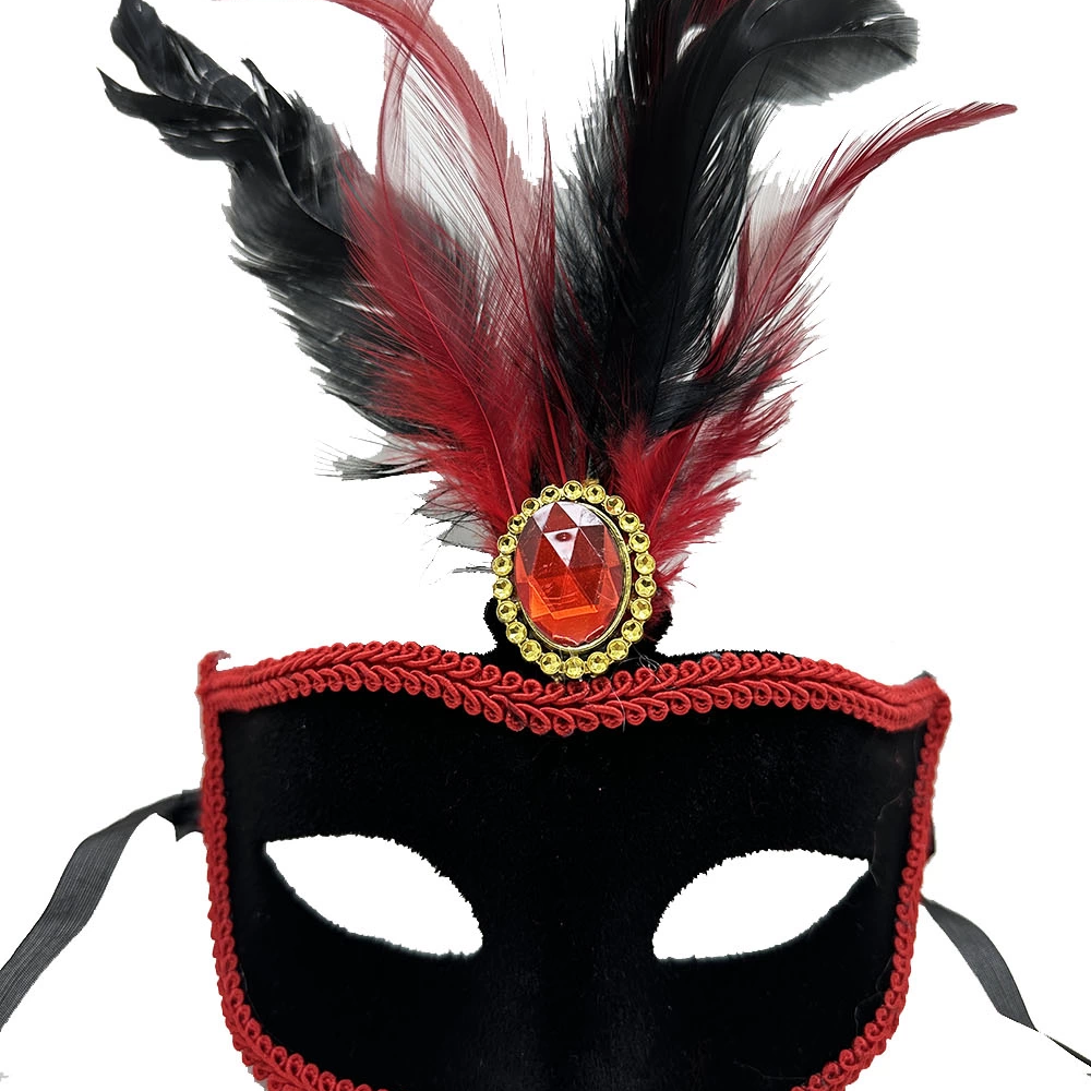 Kırmızı Dantelli Siyah Kırmızı Tüylü Siyah Süet Kaplama Parti Maskesi 17x25 Cm
