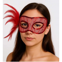 Kırmızı Renk Yandan Tüylü Pul Payet İşlemeli Parti Maskesi 23x12 Cm