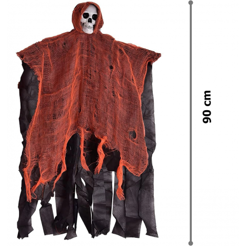 Led Işıklı Kahkaha Atan Sesli Sensörlü Ürpertici Kuru Kafa Korku Hayalet Saçaklı Dekor 90x50 Cm