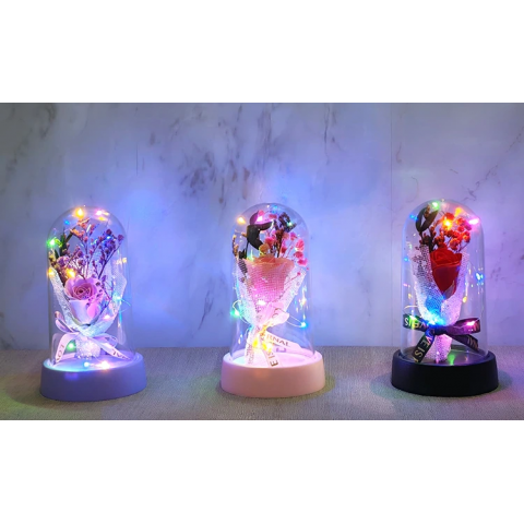 Led Işıklı Müzikli Cam Fanus İçinde Gül Buketi  Alk5006