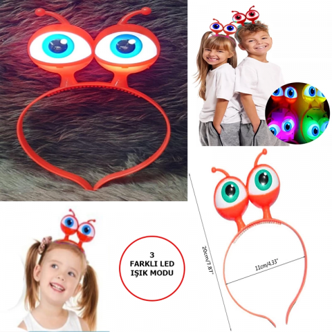 Led Işıklı  Pilli 3 Farklı Modda Yanan Uzaylı Göz Parti Tacı Kırmızı Renk 18x12 Cm