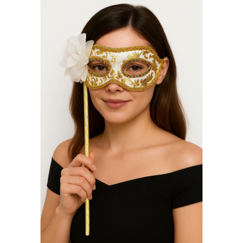 Lüks Taşlı Saplı Maskeli Balo Maskesi Beyaz Renk 35 Cm