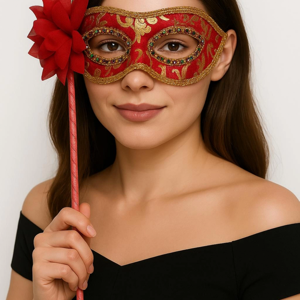 Lüks Taşlı Saplı Maskeli Balo Maskesi Kırmızı Renk 35 Cm